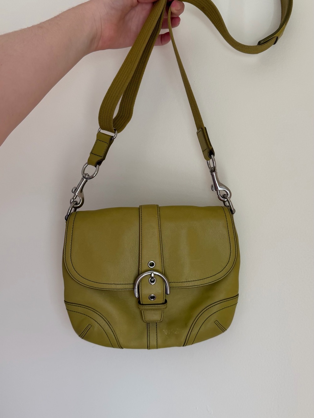 Coach Olive Green Leather Crossbody Bag with Silver Hardware